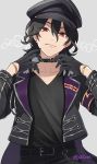  1boy belt black_hair black_shirt bracelet choker earrings ensemble_stars! gloves hair_between_eyes hat highres jacket jewelry leather leather_jacket long_hair looking_at_viewer otton red_eyes sakuma_rei_(ensemble_stars!) shirt signature simple_background smile solo twitter_username wavy_hair 