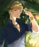  1boy absurdres alternate_costume bangs blonde_hair blue_shirt blurry blurry_background bracelet checkered_sleeves closed_mouth collarbone collared_shirt commentary day depth_of_field earrings eyebrows_visible_through_hair fate/grand_order fate_(series) gilgamesh hand_up highres jewelry kanniepan looking_at_viewer male_focus necklace outdoors plant red_eyes shirt short_sleeves smile solo upper_body 