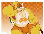  anthro armpit_hair backwards_baseball_cap baseball_cap body_hair bottomwear bowser bowser_day bulge clothing eyewear facial_hair flufflecraft hair hat headgear headwear hi_res himbo himbo_hooters hooters horn hotpants koopa looking_at_viewer male mario_bros meme musclegut muscular muscular_anthro muscular_male navel nintendo scalie shirt shorts smile solo sunglasses tank_top topwear video_games 