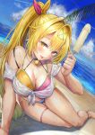  1girl :p absurdres bare_shoulders beach bikini blonde_hair blush breasts choker cleavage day food hair_ornament hair_ribbon heterochromia highres holding holding_food hoshikawa_sara large_breasts long_hair looking_at_viewer nijisanji outdoors phallic_symbol popsicle red_eyes ribbon sexually_suggestive shirt shuangyijiu side_ponytail smile solo swimsuit thigh_strap thighs tied_shirt tongue tongue_out virtual_youtuber wet x_hair_ornament yellow_eyes 