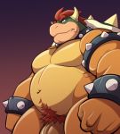  analon_(artist) anthro belly body_hair bowser genitals hair happy_trail hi_res koopa male mario_bros musclegut muscular muscular_anthro muscular_male navel nintendo nude penis pubes red_background red_hair red_pubes scalie simple_background solo video_games 