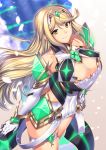  1girl bangs bare_shoulders blonde_hair breasts chest_jewel cleavage cowboy_shot dress earrings gem gloves highres hikari_(xenoblade_2) jewelry large_breasts long_hair looking_at_viewer short_dress skindentation smile solo swept_bangs thigh_strap tiara white_dress white_gloves xenoblade_(series) xenoblade_2 yellow_eyes yui_sora 