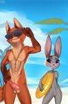  2020 abs absurd_res animal_genitalia animal_penis anthro balls beach bite biting_lip blush breasts buckteeth canid canine canine_penis casual_erection casual_nudity cloud detailed_background disney duo erection eyewear female fox fur genitals hand_on_hip hi_res holding_object inner_tube judy_hopps knot lagomorph leporid looking_aside looking_at_genitalia looking_at_penis male mammal muscular muscular_male navel nick_wilde nipples nude orange_body orange_fur outside palm_tree pecs penis purple_eyes pussy rabbit red_fox seaside sky standing sunglasses teeth tree zhadart zootopia 