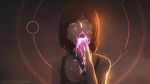  1girl aurahack bangs breasts brown_hair cleavage commentary english_commentary glowing lens_flare looking_at_viewer medium_hair open_mouth original purple_eyes solo starry_background suggestive_fluid swept_bangs tank_top tongue tongue_out vomiting 