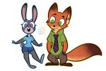  2016 3:2 alpha_channel anthro barefoot bottomwear buckteeth canid canine catnippackets clothed clothing disney duo fox fully_clothed fur green_eyes grey_body grey_fur judy_hopps lagomorph leporid looking_at_viewer mammal necktie nick_wilde open_mouth open_smile orange_body orange_fur pants purple_eyes rabbit red_fox shirt simple_background smile standing teeth topwear transparent_background zootopia 