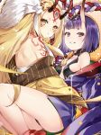  2girls ass back bangs blonde_hair breasts chinese_commentary eyeliner facial_mark fate/grand_order fate_(series) grin hair_ornament hikimayu horns ibaraki_douji_(fate/grand_order) long_hair looking_at_viewer makeup multiple_girls oni oni_horns pointy_ears pout purple_eyes purple_hair short_hair shuten_douji_(fate/grand_order) smile tattoo vilor yellow_eyes 