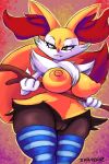  2020 2:3 4_fingers amber_eyes anthro areola bedroom_eyes big_breasts black_body black_fur blue_clothing blue_legwear blue_stockings braixen breasts canid canine claws clothed clothing eyelashes fangs female fingers fluffy fluffy_tail fur genitals half-closed_eyes hi_res holding_object ichduhernz inner_ear_fluff legwear looking_at_viewer mammal mostly_nude multicolored_body multicolored_fur narrowed_eyes neck_tuft nintendo nipples partially_clothed pattern_clothing pattern_legwear pink_nipples pok&eacute;mon pok&eacute;mon_(species) puffy_areola puffy_nipples pussy red_body red_fur red_nose seductive signature smile solo standing stick stockings striped_clothing striped_legwear striped_stockings stripes thick_thighs tuft video_games white_body white_fur wide_hips yellow_body yellow_fur 