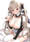  1girl azur_lane bangs bare_shoulders between_breasts black_dress blush breasts cleavage dress eyebrows_visible_through_hair flight_deck formidable_(azur_lane) frilled_dress frills grey_hair hair_ribbon highres holding lap_pillow_invitation large_breasts long_hair looking_at_viewer mimikaki nephthys2356 open_mouth red_eyes ribbon rigging sitting smile solo twintails two-tone_dress two-tone_ribbon very_long_hair white_legwear 