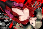  1girl blonde_hair bodysuit breasts catsuit commentary dannex009 elbow_gloves english_commentary english_text full-length_zipper gameplay_mechanics gloves green_eyes highres looking_at_viewer lying menu on_back open_clothes open_mouth persona persona_5 persona_5_the_royal red_bodysuit shiny solo takamaki_anne toned twintails zipper 