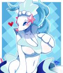  &lt;3 abstract_background anthro big_breasts blue_hair blush breasts cleavage clothed clothing female fur gearfactory hair huge_breasts marine nintendo non-mammal_breasts pok&eacute;mon pok&eacute;mon_(species) primarina smile solo video_games white_body white_eyelashes white_fur 