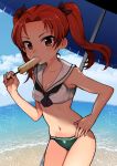  1girl bangs beach beach_umbrella bikini black_bow black_neckwear blue_sky bow breasts brown_eyes brown_hair cleavage cloud cloudy_sky collarbone cowboy_shot day eating eyebrows_visible_through_hair food girls_und_panzer hair_bow hand_on_hip highres holding holding_food kadotani_anzu long_hair looking_at_viewer nakasone_haiji navel ocean ooarai_school_uniform parted_bangs popsicle sailor_collar school_uniform sky small_breasts solo standing sweat swimsuit twintails umbrella water waves white_sailor_collar 