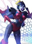  1girl autobot blue_eyes breasts character_name english_commentary looking_to_the_side mechanical_wings no_humans open_mouth small_breasts solo transformers tumblr_username v windblade wings zoner 