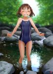  1girl blue_swimsuit breasts brown_hair clenched_teeth closed_eyes commentary_request competition_school_swimsuit forest highres mu-pyon nature original outdoors rock school_swimsuit short_hair small_breasts solo standing swimsuit teeth trembling twintails wading water 