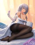  1girl absurdres avrora_(azur_lane) azur_lane bare_shoulders black_legwear blue_eyes blush braid breasts cleavage condom dress elbow_gloves eyebrows_visible_through_hair full_body gloves hair_between_eyes heart heart-shaped_pupils heart_in_eye highres large_breasts long_hair looking_at_viewer no_shoes on_bed pantyhose photoshop_(medium) revision silver_hair sitting smile solo symbol-shaped_pupils symbol_in_eye twin_braids very_long_hair white_dress white_gloves wjn-rance 