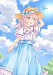  1girl :d animal animal_ear_fluff animal_ears arm_up bangs bird blue_bow blue_skirt blue_sky bluebird blush bow brown_eyes brown_headwear cloud cloudy_sky commentary_request day ears_through_headwear eyebrows_visible_through_hair frilled_skirt frills hair_between_eyes hand_on_headwear hat hat_bow long_hair looking_away open_mouth original outdoors pink_hair sailor_collar shirt short_sleeves skirt sky smile solo sun_hat suspender_skirt suspenders wataame27 white_bow white_sailor_collar white_shirt wolf-chan_(wataame27) wolf_ears 