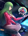  1girl 1other breasts cleavage cockpit covered_abs covered_navel fangs gonzarez green_hair highres justin_bailey long_hair looking_at_another metroid metroid_(creature) outstretched_arm samus_aran sitting smile space toned 