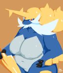  anthro anthrofied armor beard big_breasts breasts claws cleavage clothed clothing curvy_figure facial_hair featureless_crotch gearfactory huge_breasts lineless melee_weapon nintendo orange_eyes pok&eacute;mon pok&eacute;mon_(species) samurott short_stack simple_background slightly_chubby sword thick_thighs video_games voluptuous weapon wide_hips yellow_background 