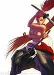  breast_hold breasts genderswap genderswap_(mtf) hanafuda japanese_clothes kibagami_genjuro long_hair nekkeau ponytail red_eyes red_hair samurai_spirits scar sheath sword topless very_long_hair weapon 