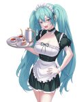  1girl absurdres apron blue_eyes blue_hair breasts cake cake_slice choker commentary cowboy_shot cup eyebrows_visible_through_hair food fruit hair_between_eyes hand_on_hip hatsune_miku highres holding holding_tray large_breasts long_hair looking_at_viewer maid maid_apron maid_headdress open_mouth panichyun plate short_sleeves simple_background solo strawberry tea teacup teapot tongue tray twintails very_long_hair vocaloid white_background wrist_cuffs 