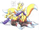  all_fours anus blush breasts digimon dildo doggystyle female from_behind insertion legwear lesbian penetration piercing pussy pussy_juice renamon sawblade sawblade_(artist) sex sex_toy stockings strapon vaginal 