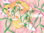  bed blonde_hair blue_eyes blush bow elbow_gloves gloves green_bow green_ribbon long_hair naked_ribbon nude oohiro_saki pink pink_background ribbon riesz seiken_densetsu seiken_densetsu_3 thighhighs valentine 