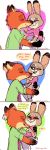  2016 absurd_res anthro anthro_on_anthro buckteeth canid canine carrying clothed clothing comic dialogue disney duo english_text eyes_closed fox fully_clothed fur grey_body grey_fur hi_res judy_hopps lagomorph leporid mammal mod_lemon necktie nick_wilde open_mouth open_smile orange_body orange_fur rabbit red_fox shirt smile speech_bubble teeth text topwear zootopia 