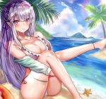  1girl anklet bare_shoulders beach bikini bird breasts cleavage cloud collarbone emilia_(re:zero) flower frills hair_between_eyes hair_flower hair_ornament hands_under_legs highres jewelry kuro_(tbm9187) large_breasts leg_up long_hair looking_at_viewer maid_headdress mountain off_shoulder palm_tree pointy_ears purple_bikini purple_eyes purple_hair re:zero_kara_hajimeru_isekai_seikatsu seagull shiny shiny_hair shiny_skin sitting sky smile starfish sweatshirt swimsuit thigh_strap thighs tree 