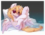  absurd_res bed blonde_mane blonde_tail blush cutie_mark equid feathered_wings feathers female feral fluffy_ears fur furniture genitals hasbro hi_res holding_leg horn lispp looking_at_viewer lying mammal mane my_little_pony on_back on_bed presenting presenting_pussy pussy simple_background solo star_nai white_body white_fur winged_unicorn wings 