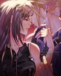  1boy 1girl bare_shoulders black_hair black_shirt blonde_hair blue_shirt brown_eyes closed_eyes cloud_strife earrings final_fantasy final_fantasy_vii hand_on_another&#039;s_chin high_collar highres ilabarattolo imminent_kiss jewelry long_hair looking_down red_background ribbed_shirt shirt sidelocks sleeveless sleeveless_shirt spiked_hair strap tifa_lockhart zipper zipper_pull_tab 