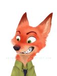  2016 3:4 anthro arthaselric canid canine cheek_tuft clothing disney facial_tuft fluffy fox fur green_eyes hi_res inner_ear_fluff mammal neck_tuft necktie nick_wilde orange_body orange_fur red_fox shirt simple_background smile solo text topwear tuft url white_background zootopia 