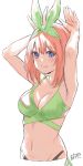  1girl armpits arms_up bangs bare_arms bare_shoulders bikini blue_eyes blush breasts cleavage closed_mouth collarbone commentary_request cropped_torso eyebrows_visible_through_hair go-toubun_no_hanayome gob_susujiro green_bikini green_ribbon hair_between_eyes hair_ribbon halter_top halterneck highres medium_breasts nakano_yotsuba navel orange_hair ribbon side-tie_bikini signature simple_background smile solo swimsuit white_background 