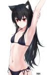  1girl animal_ear_fluff animal_ears armpits arms_up bangs bare_arms bare_shoulders bikini black_bikini black_hair black_ribbon blush breasts cat_ears cat_girl closed_mouth commentary_request cowboy_shot eyebrows_visible_through_hair highres long_hair navel original red_eyes ribbon shibanme_tekikumo side-tie_bikini signature simple_background small_breasts solo stomach stretch swimsuit very_long_hair white_background 
