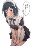  1girl alternate_costume apron apron_tug bangs black_hair black_shirt black_skirt blush cowboy_shot embarrassed enmaided fang hair_ribbon kitaku_jikan_(ktk_jkn) looking_at_viewer love_live! love_live!_school_idol_festival_all_stars maid maid_headdress mifune_shioriko open_mouth puffy_short_sleeves puffy_sleeves red_eyes ribbon shirt short_hair short_sleeves simple_background skin_fang skirt skirt_tug solo thighhighs thighs waist_apron white_background white_legwear white_ribbon zettai_ryouiki 