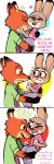  2016 absurd_res anthro anthro_on_anthro blush buckteeth canid canine carrying comic dialogue disney duo english_text fox fur green_eyes grey_body grey_fur hi_res judy_hopps lagomorph leporid mammal mod_lemon nick_wilde open_mouth open_smile orange_body orange_fur purple_eyes rabbit red_fox smile speech_bubble surprise teeth text zootopia 