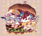  2girls :t american_flag american_flag_print ascot bat_wings blonde_hair blue_hair blush_stickers bow commentary crystal fang flag_print flandre_scarlet food food_on_face food_on_head hamburger hand_up hat hat_bow highres in_food long_hair looking_at_viewer mini_flag mob_cap multiple_girls nikorashi-ka object_on_head open_mouth oversized_food pointy_ears red_eyes red_neckwear remilia_scarlet shirt short_sleeves siblings sisters star-shaped_pupils star_(symbol) star_print starry_background symbol-shaped_pupils touhou white_headwear white_shirt wings wrist_cuffs 