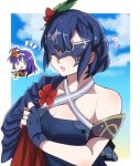  2girls beach bikini bikini_top blue_hair breasts capelet chibi chibi_inset cleavage commentary_request fire_emblem fire_emblem:_path_of_radiance fire_emblem:_radiant_dawn fire_emblem_awakening fire_emblem_heroes green_eyes lucina_(fire_emblem) marth_(fire_emblem_awakening) mask mia_(fire_emblem) multiple_girls open_mouth purple_hair rem_sora410 short_hair small_breasts swimsuit upper_body 