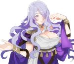  1girl breasts camilla_(fire_emblem) cleavage commentary_request dancer fire_emblem fire_emblem:_three_houses hair_over_one_eye hand_up large_breasts long_hair looking_at_viewer parted_lips purple_eyes purple_hair rem_sora410 simple_background solo upper_body wavy_hair white_background 