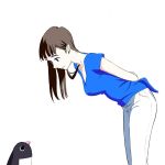  1girl agepanda arms_behind_back bird blue_shirt brown_eyes brown_hair eye_contact highres leaning_forward long_hair looking_at_animal looking_at_another onee-san_(penguin_highway) pants penguin penguin_highway shirt short_sleeves simple_background smile solo standing white_background white_pants 