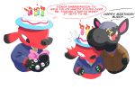  2020 3:2 animal_crossing anthro big_ears big_head big_nose black_body black_ears black_eyes black_nose black_skin bow cake candle clothed clothing cyd_(animal_crossing) dialogue duo elephant elephantid english_text equid equine food gift grey_hair hair hat headgear headwear hi_res horse long_nose looking_away looking_down male mammal multicolored_body multicolored_ears multicolored_nose multicolored_skin narrowed_eyes necktie nintendo poetax proboscidean proboscis_(anatomy) purple_hair red_body red_ears red_eyes red_nose red_skin roscoe_(animal_crossing) short_hair simple_background smile squint suit text toony trunk_(anatomy) video_games white_background wide_eyed 