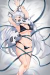  1girl animal_ears arknights armpits arms_up bikini black_bikini breasts commentary_request feet_out_of_frame gappt grey_eyes groin highres large_breasts leopard_ears leopard_tail long_hair navel pramanix_(arknights) silver_hair solo stomach swimsuit tail thighs very_long_hair 
