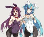  2girls animal_ears ass_visible_through_thighs asuna_(sao) asuna_(sao-alo) bangs black_legwear black_leotard blue_eyes blue_hair blush bow bowtie breasts bunny_ears bunnysuit covered_navel cowboy_shot detached_collar fake_animal_ears fang flat_chest grey_background hairband hands_on_own_chest leotard long_hair looking_at_viewer looking_to_the_side medium_breasts multiple_girls open_mouth pantyhose pointy_ears purple_hair purple_leotard red_eyes red_hairband red_neckwear shikei simple_background skin_fang strapless strapless_leotard sword_art_online wrist_cuffs yuuki_(sao) 