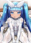  1girl artist_request bangs blue_eyes blue_hair blunt_bangs blush bodysuit closed_mouth eyebrows_visible_through_hair highres nipa-ko nut_(hardware) ribbon smile solo suggestive_fluid tongue tongue_out twintails ultimate_nipper white_bodysuit white_ribbon 