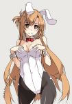  1girl animal_ears ass_visible_through_thighs asuna_(sao) bangs black_legwear blush breasts brown_eyes brown_hair bunny_ears bunnysuit cowboy_shot dated detached_collar fake_animal_ears grey_background hands_on_hips highres leotard long_hair looking_at_viewer medium_breasts pantyhose shikei solo strapless strapless_leotard sword_art_online wrist_cuffs 