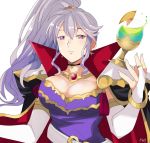  1girl black_choker breasts bridal_gauntlets cape choker cleavage collared_cape commentary_request cup dress drinking_glass fire_emblem fire_emblem:_genealogy_of_the_holy_war fire_emblem_heroes floating floating_object gem grey_hair hand_up ishtar_(fire_emblem) large_breasts long_hair looking_at_viewer ponytail purple_dress purple_eyes rem_sora410 simple_background solo upper_body white_background wine_glass 
