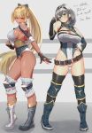  2girls absurdres alternate_costume artist_name bangs bare_shoulders belt black_belt blonde_hair blush boots breasts cleavage commentary dark_skin detached_sleeves elf fingerless_gloves gloves green_eyes hairband high_ponytail highres hololive large_breasts leotard long_hair multiple_girls open_mouth partly_fingerless_gloves pointy_ears red_eyes rocoroco1115 shiranui_flare shirogane_noel short_hair sideboob silver_hair skindentation smile thighhighs thighs virtual_youtuber wrestling_outfit 