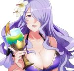  1girl bikini bikini_top breasts camilla_(fire_emblem) cleavage collarbone commentary_request cup drinking_glass fire_emblem fire_emblem_heroes flower food fruit hair_flower hair_ornament hair_over_one_eye hibiscus holding large_breasts long_hair open_mouth orange orange_slice purple_eyes purple_hair purple_nails rem_sora410 simple_background solo swimsuit upper_body wavy_hair white_background wine_glass 
