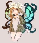  1girl blonde_hair braid butterfly_wings commentary cowboy_shot flower grey_background hair_flower hair_ornament highres inazakura00 leotard long_sleeves looking_at_viewer mercedes odin_sphere parted_lips pointy_ears puffy_long_sleeves puffy_sleeves red_eyes simple_background solo standing twin_braids white_flower wings 