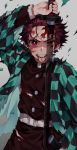  1boy black_pants blood blood_from_mouth blood_on_face bright_pupils bruise_on_face checkered clenched_teeth commentary_request earrings fighting_stance ha_youn haori highres holding holding_sword holding_weapon japanese_clothes jewelry kamado_tanjirou katana kimetsu_no_yaiba looking_at_viewer male_focus pants red_eyes red_hair simple_background solo sword teeth torn_clothes weapon white_pupils 