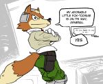  absurd_res anthro black_nose blue_eyes bottomwear brown_body brown_fur canid canine clothing crossed_arms dipstick_tail fox fox_mccloud frown fur gloves handwear hi_res humor inside jacket male mammal multicolored_tail nintendo pants serious side_view solo speech_bubble standing star_fox tan_body tan_fur the-hydroxian topwear video_games 