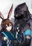  1girl 1other :d amiya_(arknights) animal_ear_fluff animal_ears arknights bangs black_gloves black_jacket blue_eyes brown_hair bunny_ears doctor_(arknights) eyebrows_behind_hair gloves hair_between_eyes highres holding hood hood_down hood_up hooded_jacket jacket jewelry kazana_(sakuto) long_sleeves open_mouth ring shirt smile upper_body white_shirt 